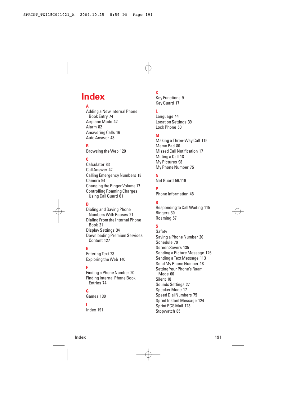 Index | Audiovox PM-8912 User Manual | Page 200 / 201