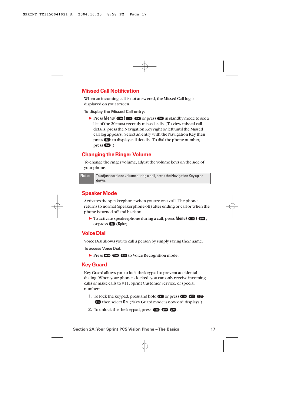 Missed call notification, Changing the ringer volume, Speaker mode | Voice dial, Key guard | Audiovox PM-8912 User Manual | Page 26 / 201
