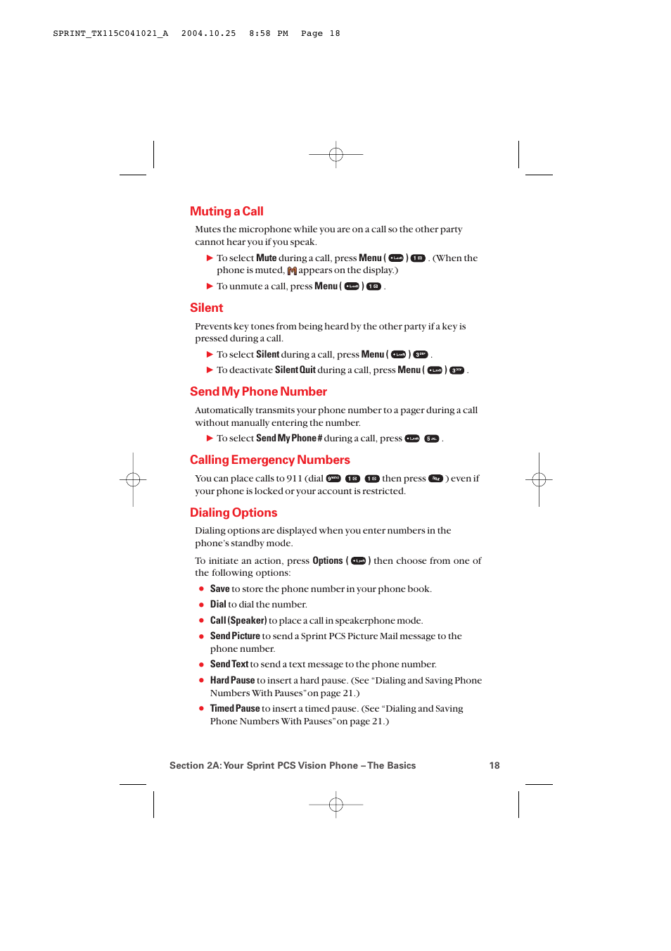 Muting a call, Silent, Send my phone number | Calling emergency numbers, Dialing options | Audiovox PM-8912 User Manual | Page 27 / 201