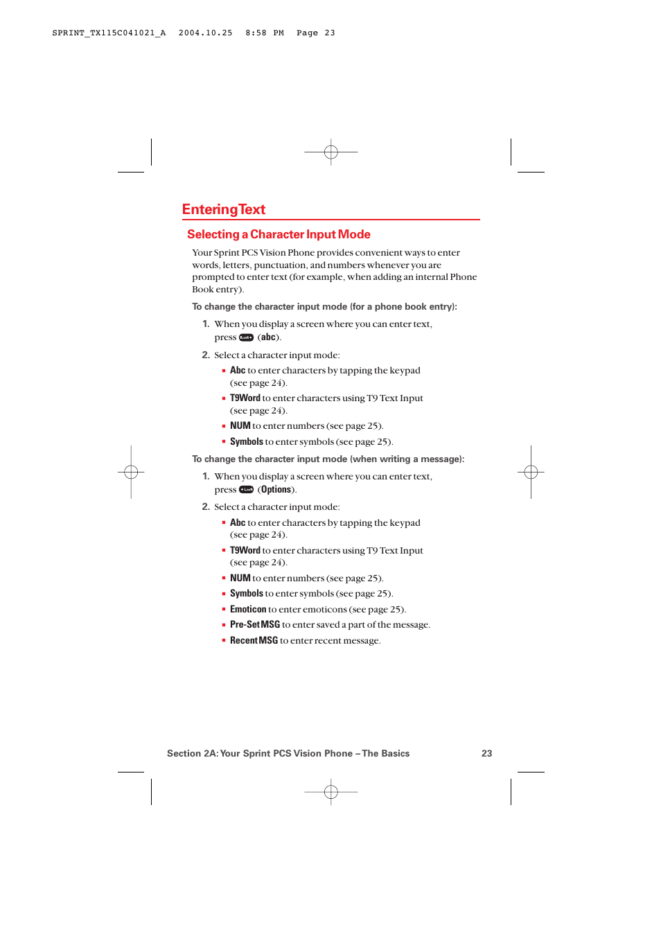 Entering text, Selecting a character input mode | Audiovox PM-8912 User Manual | Page 32 / 201