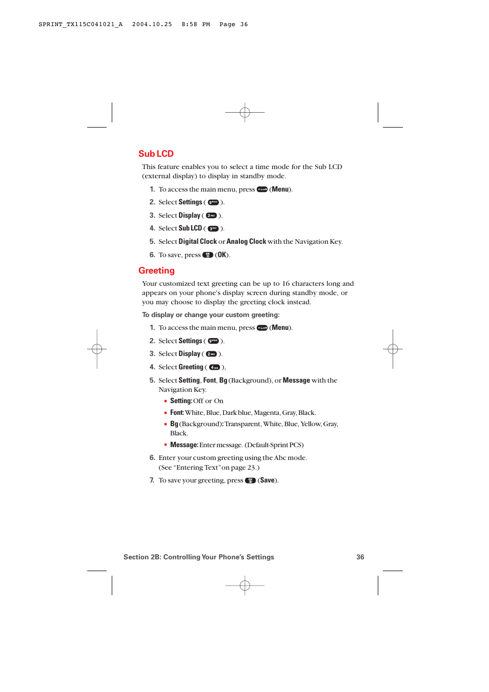 Sub lcd, Greeting | Audiovox PM-8912 User Manual | Page 45 / 201