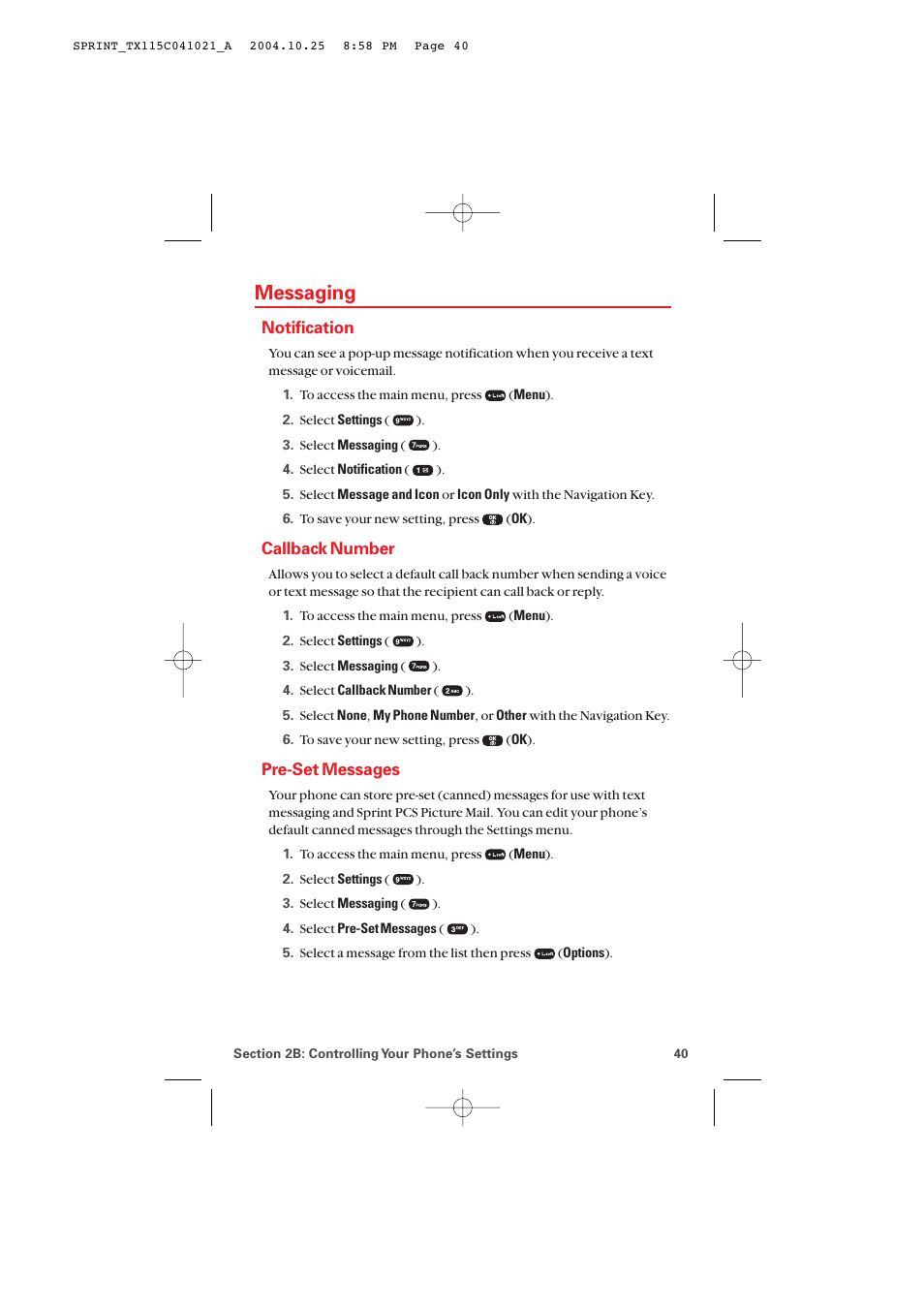 Messaging, Notification, Callback number | Pre-set messages | Audiovox PM-8912 User Manual | Page 49 / 201