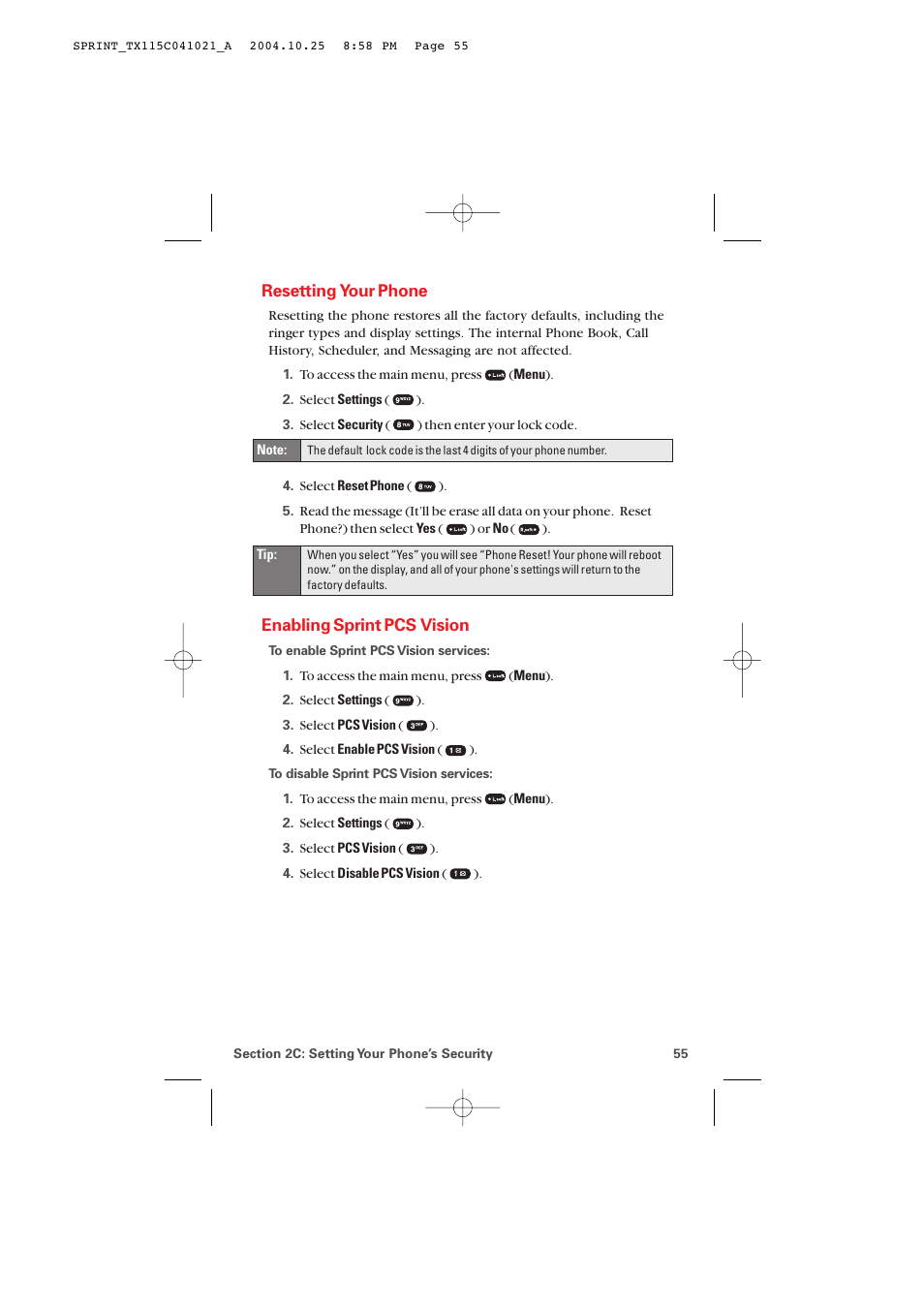 Resetting your phone, Enabling sprint pcs vision | Audiovox PM-8912 User Manual | Page 64 / 201