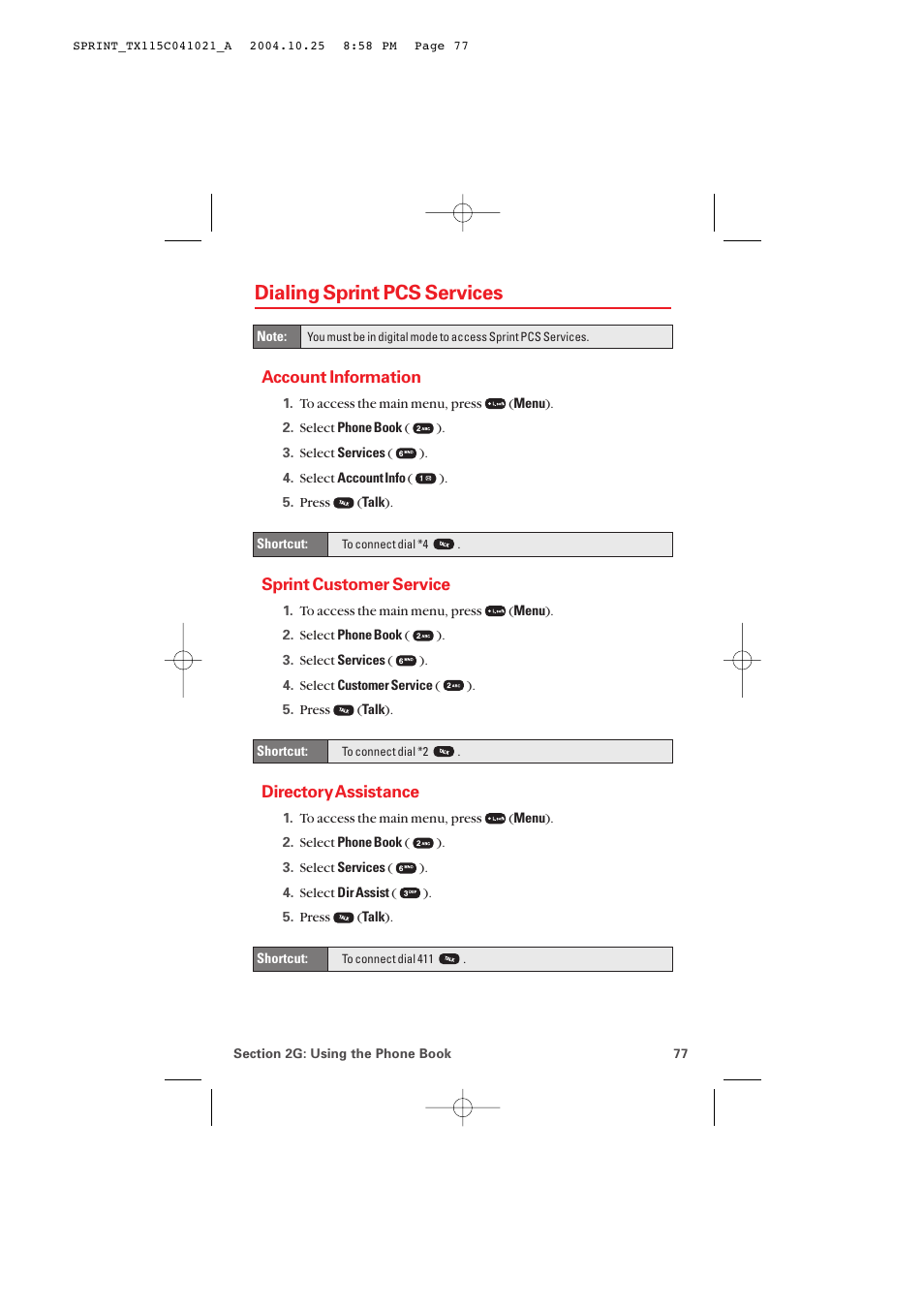 Dialing sprint pcs services, Account information, Sprint customer service | Directory assistance | Audiovox PM-8912 User Manual | Page 86 / 201