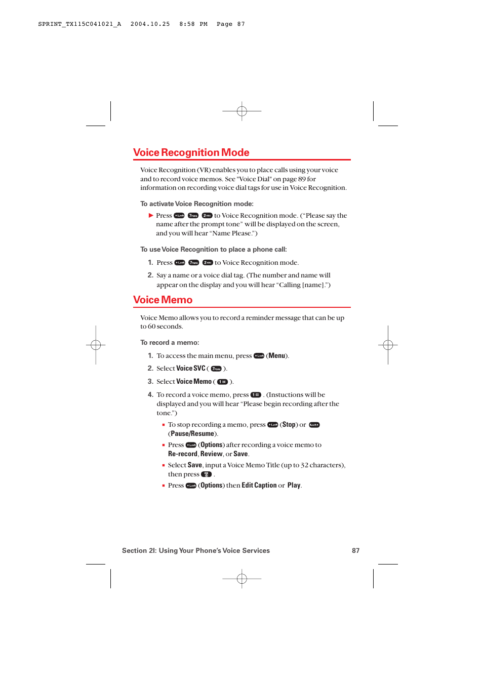 Voice recognition mode, Voice memo | Audiovox PM-8912 User Manual | Page 96 / 201