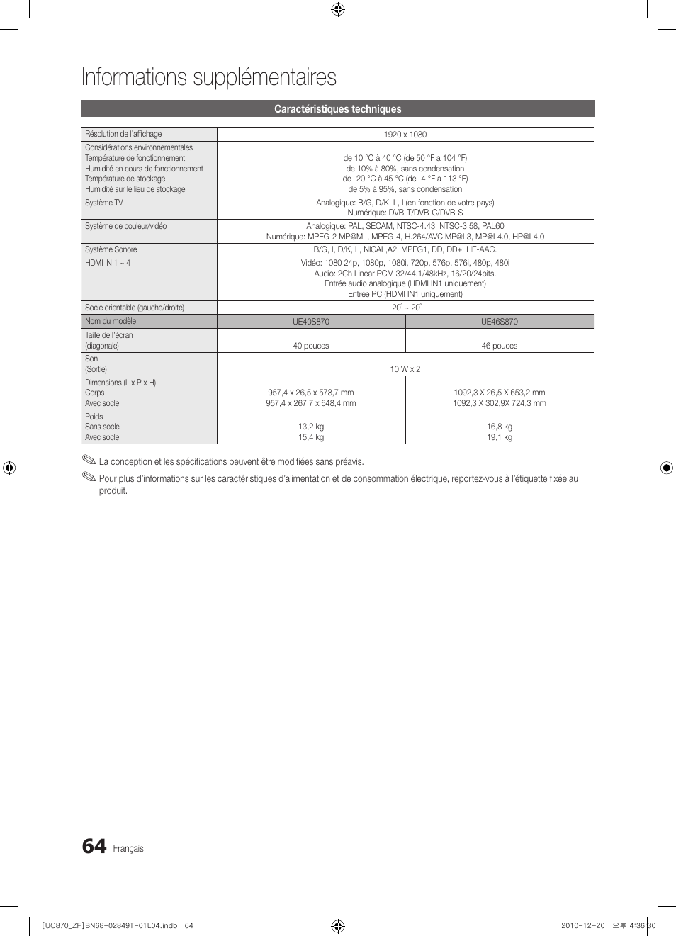 Informations supplémentaires | Samsung UE40S870XS User Manual | Page 128 / 258
