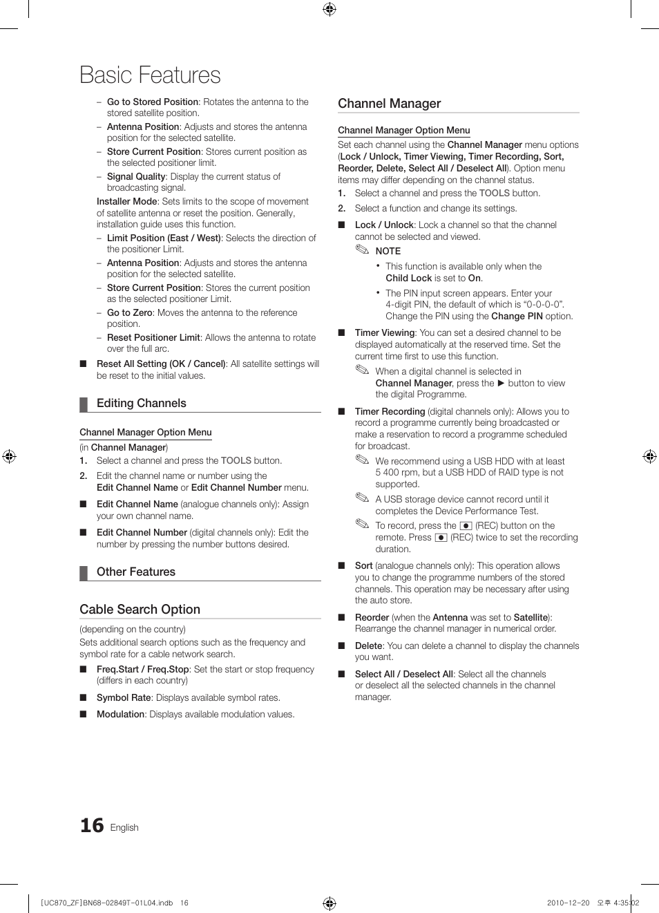 Basic features, Cable search option, Channel manager | Samsung UE40S870XS User Manual | Page 16 / 258