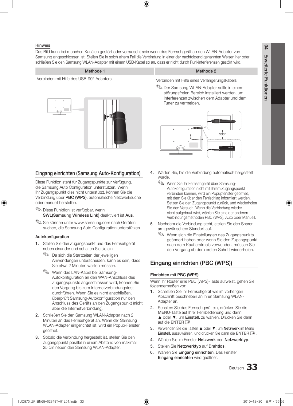Eingang einrichten (samsung auto-konfiguration), Eingang einrichten (pbc (wps)) | Samsung UE40S870XS User Manual | Page 161 / 258
