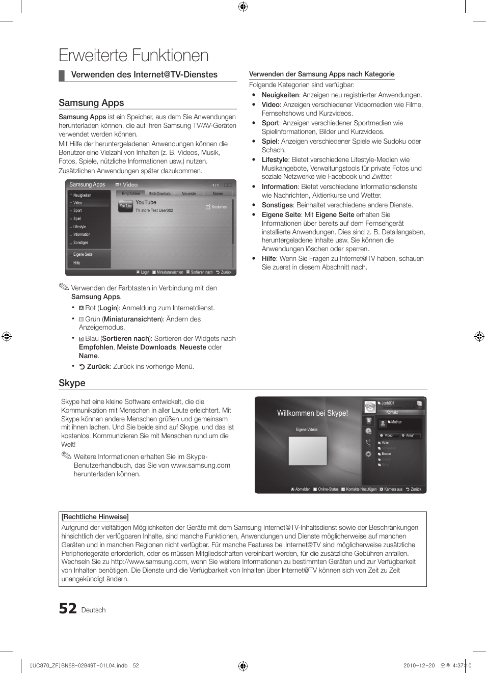 Erweiterte funktionen, Samsung apps, Skype | Verwenden des internet@tv-dienstes | Samsung UE40S870XS User Manual | Page 180 / 258