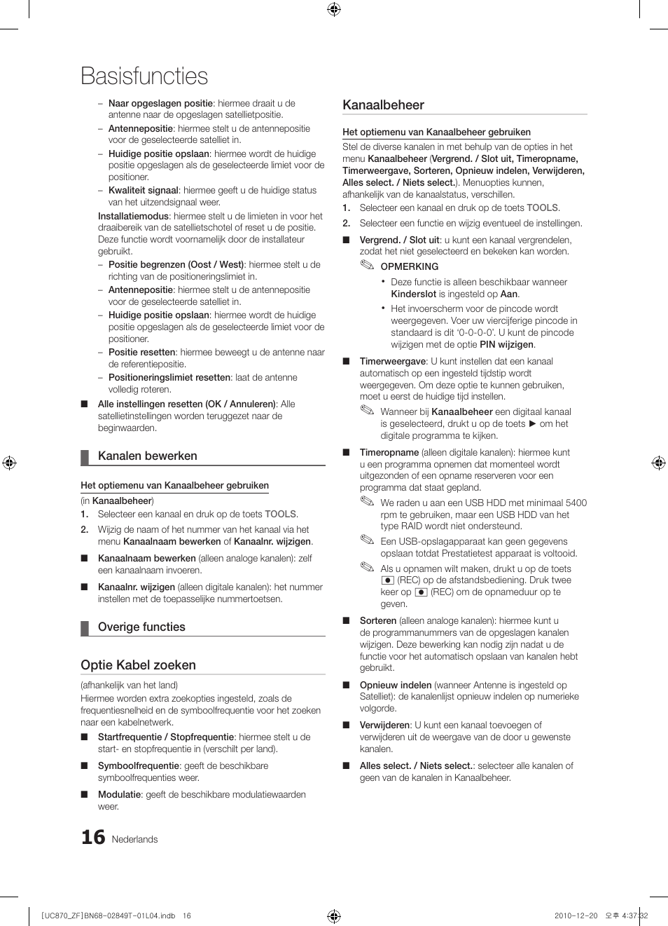 Basisfuncties, Optie kabel zoeken, Kanaalbeheer | Samsung UE40S870XS User Manual | Page 208 / 258