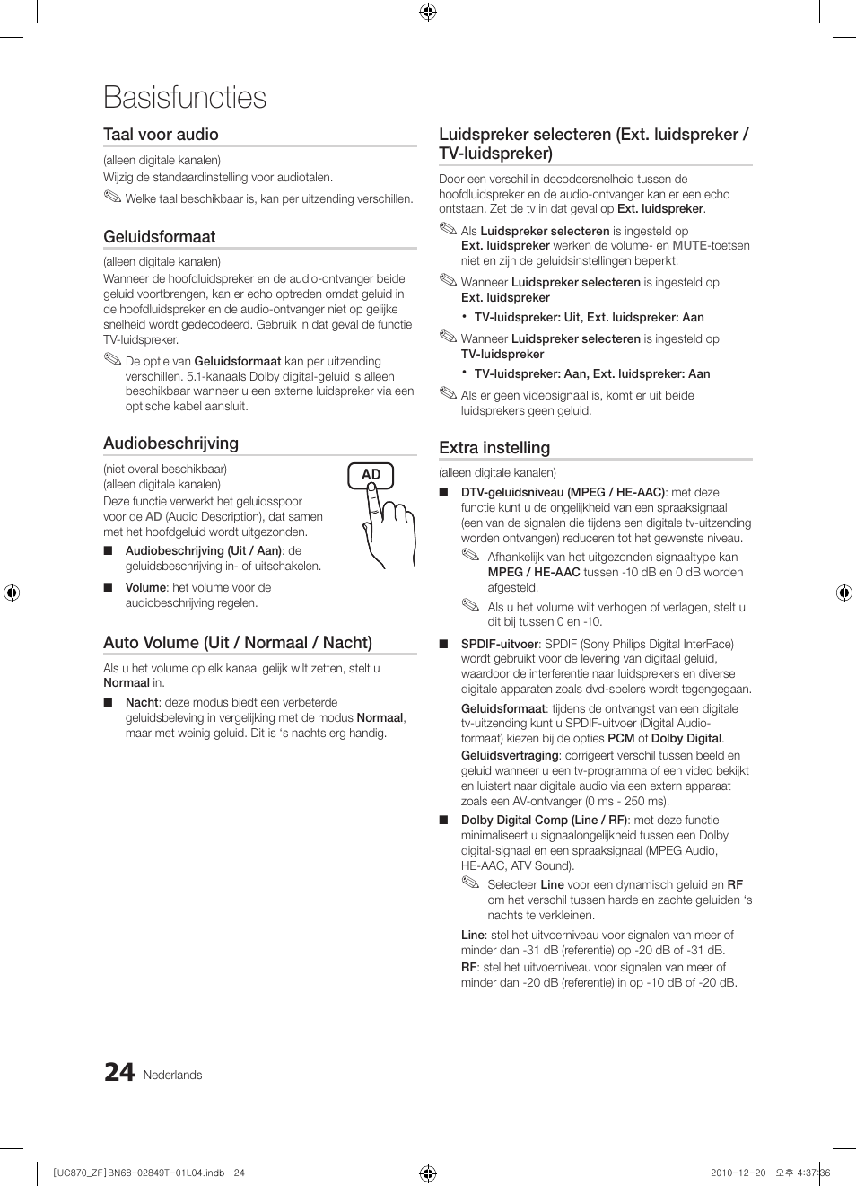 Basisfuncties | Samsung UE40S870XS User Manual | Page 216 / 258