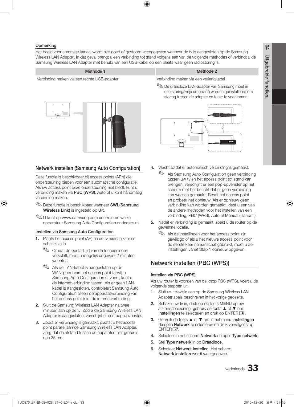 Netwerk instellen (samsung auto configuration), Netwerk instellen (pbc (wps)) | Samsung UE40S870XS User Manual | Page 225 / 258