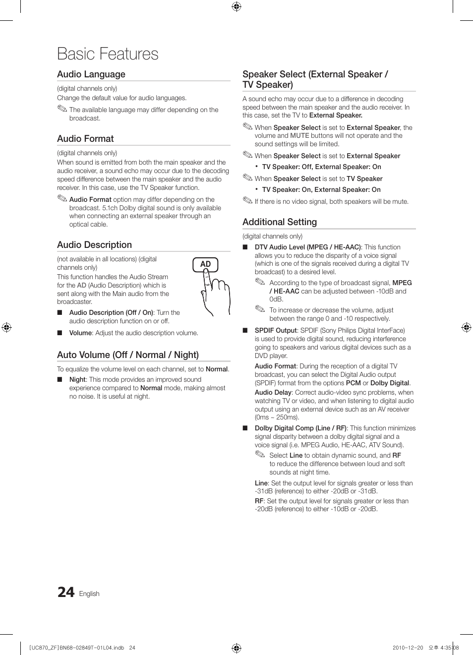 Basic features | Samsung UE40S870XS User Manual | Page 24 / 258