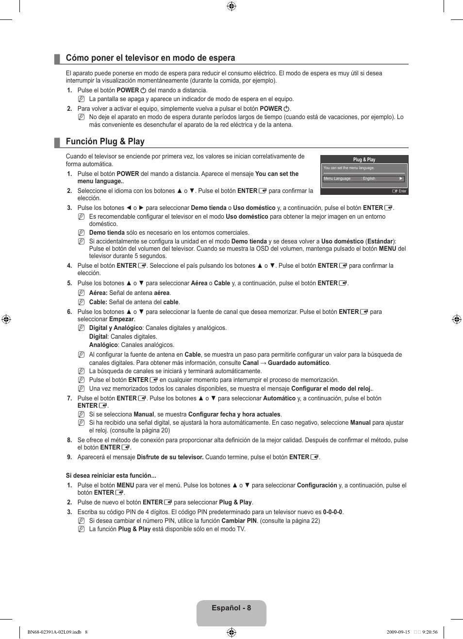 Cómo poner el televisor en modo de espera, Función plug & play | Samsung LE22B450C8W User Manual | Page 180 / 314