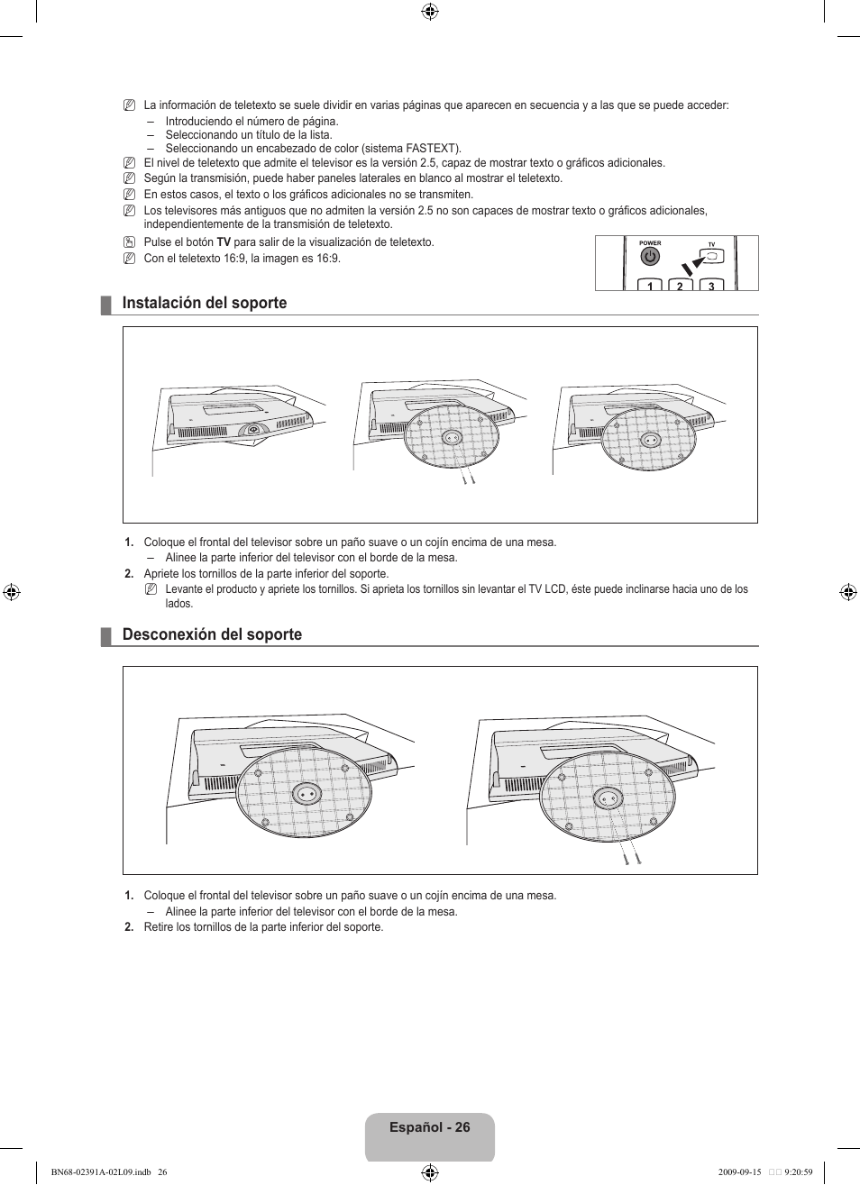 Instalación del soporte, Desconexión del soporte | Samsung LE22B450C8W User Manual | Page 198 / 314