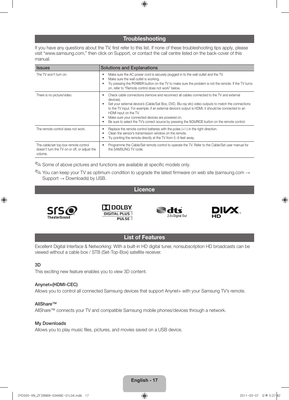 Troubleshooting, Licence list of features | Samsung PS51D550C1W User Manual | Page 17 / 78