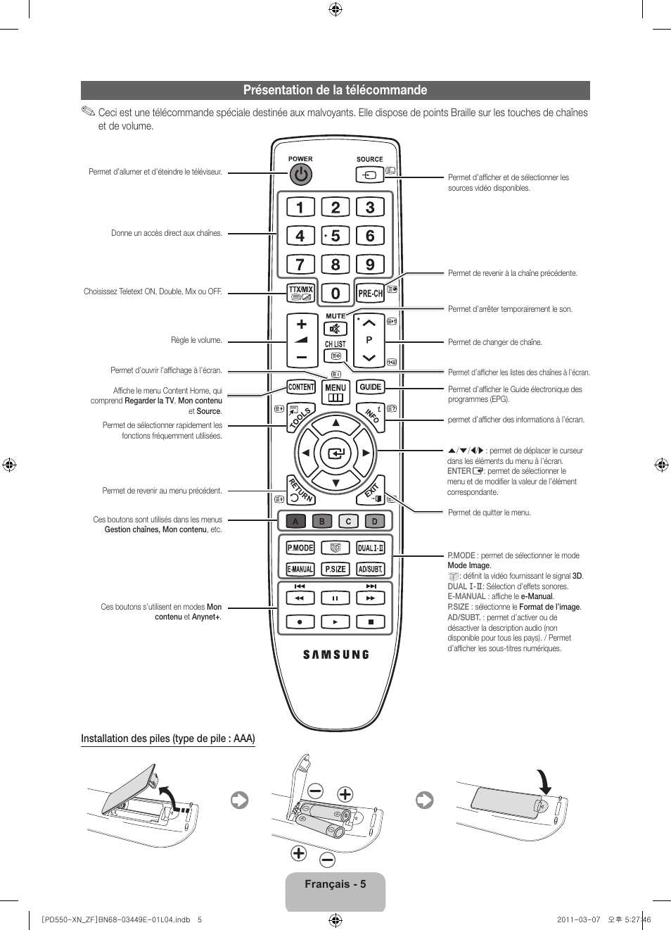 Présentation de la télécommande | Samsung PS51D550C1W User Manual | Page 25 / 78