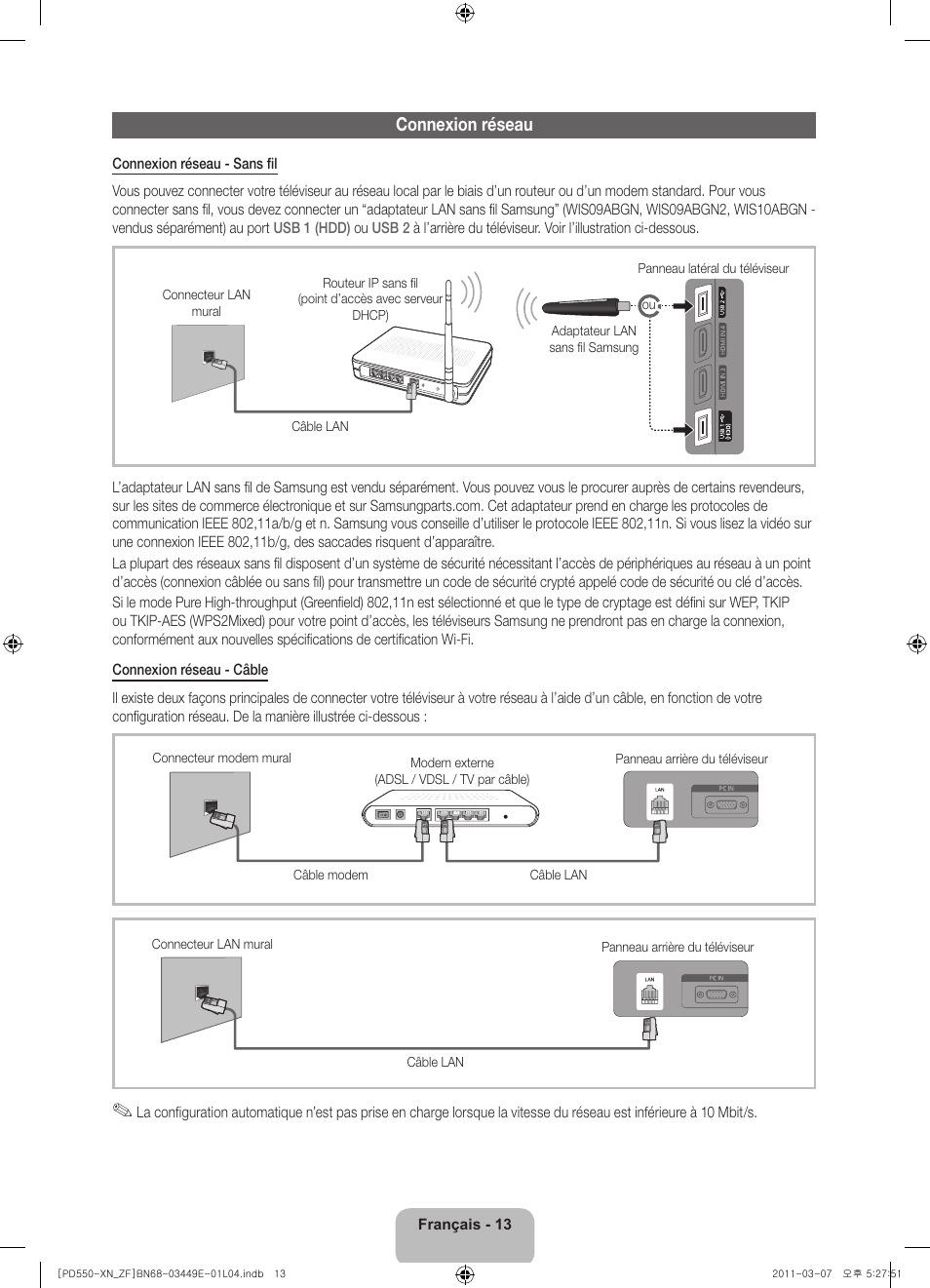 Connexion réseau | Samsung PS51D550C1W User Manual | Page 33 / 78