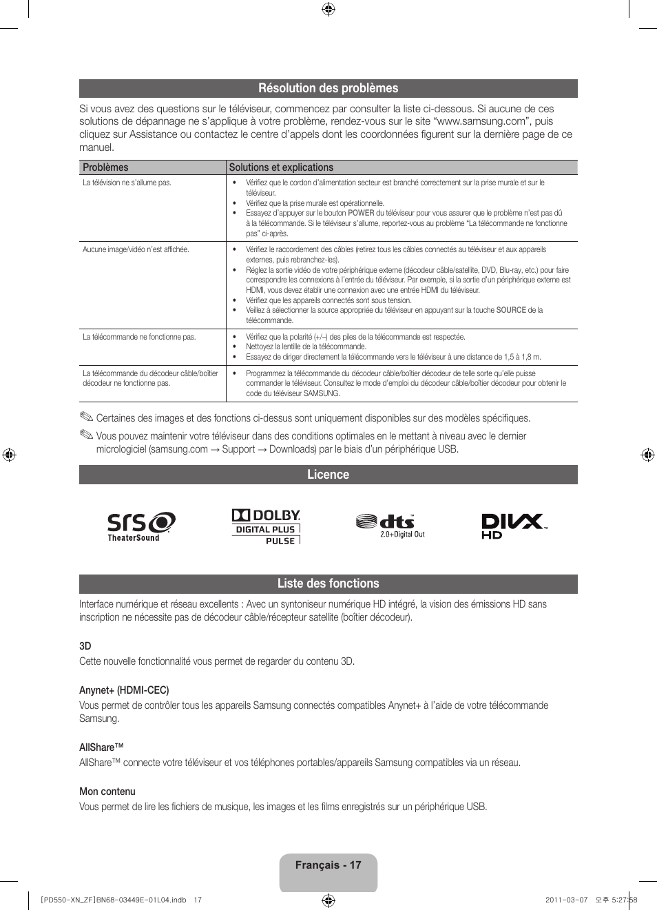 Résolution des problèmes, Licence liste des fonctions | Samsung PS51D550C1W User Manual | Page 37 / 78