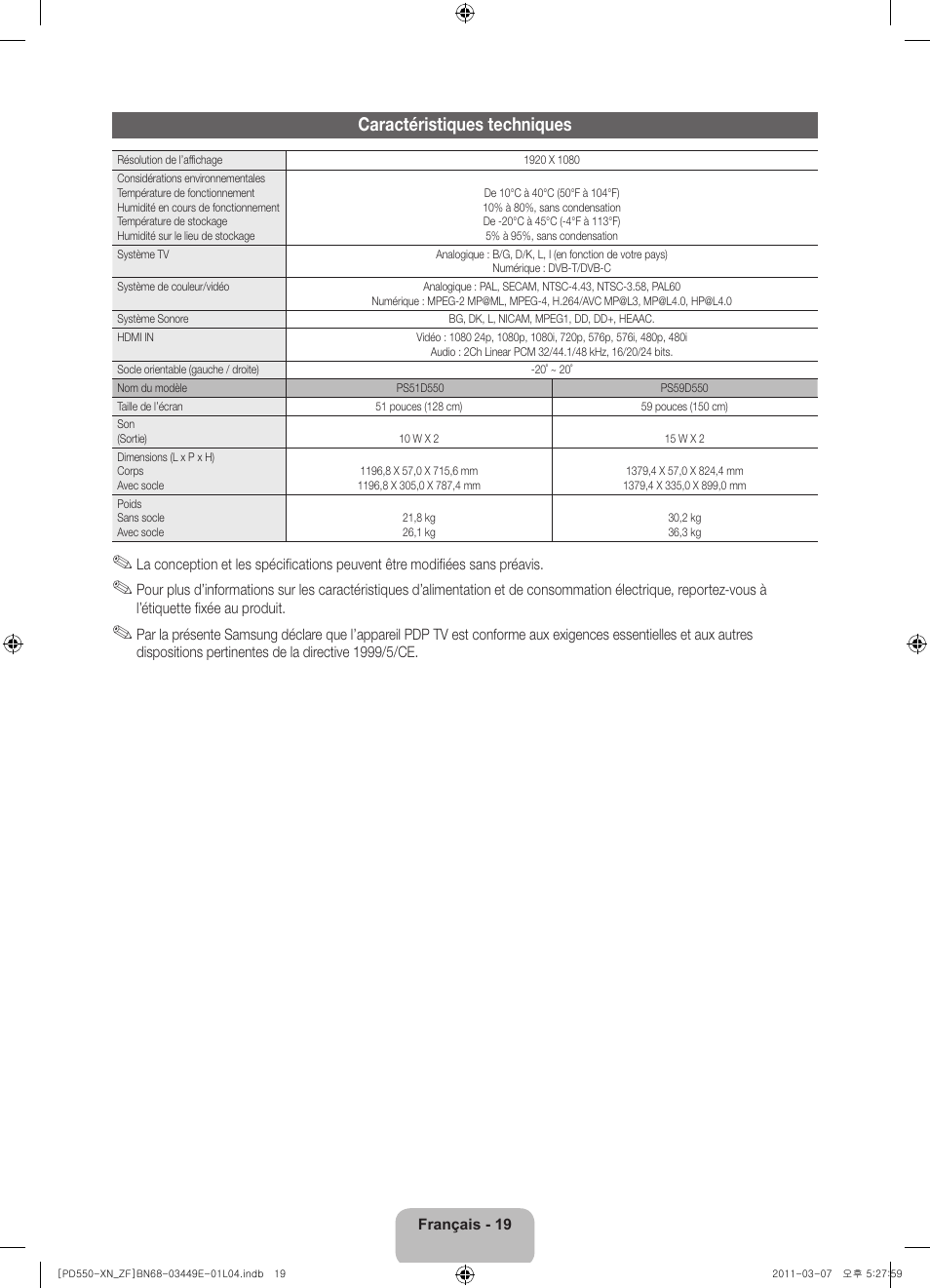 Caractéristiques techniques | Samsung PS51D550C1W User Manual | Page 39 / 78