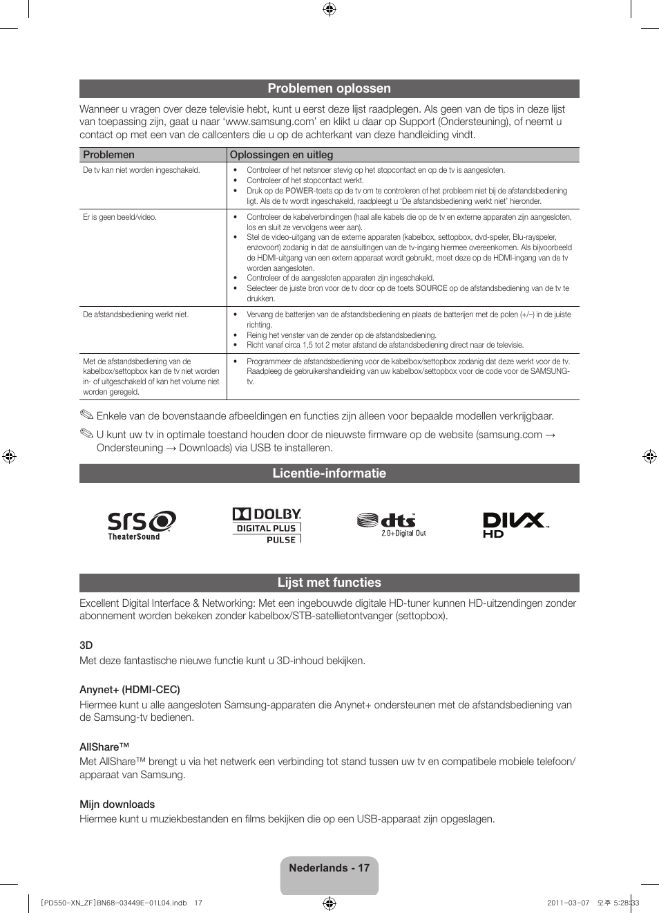 Problemen oplossen, Licentie-informatie lijst met functies | Samsung PS51D550C1W User Manual | Page 75 / 78