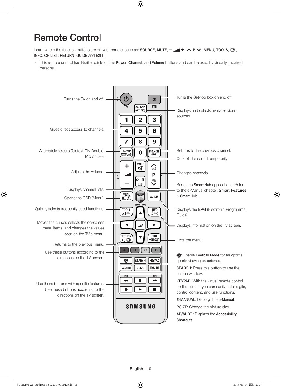 Remote control | Samsung UE48H6200AW User Manual | Page 10 / 81
