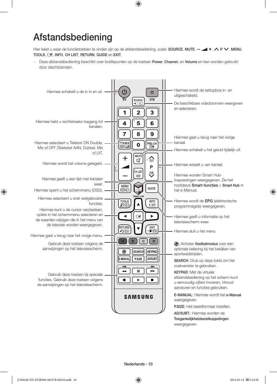 Afstandsbediening | Samsung UE48H6200AW User Manual | Page 70 / 81