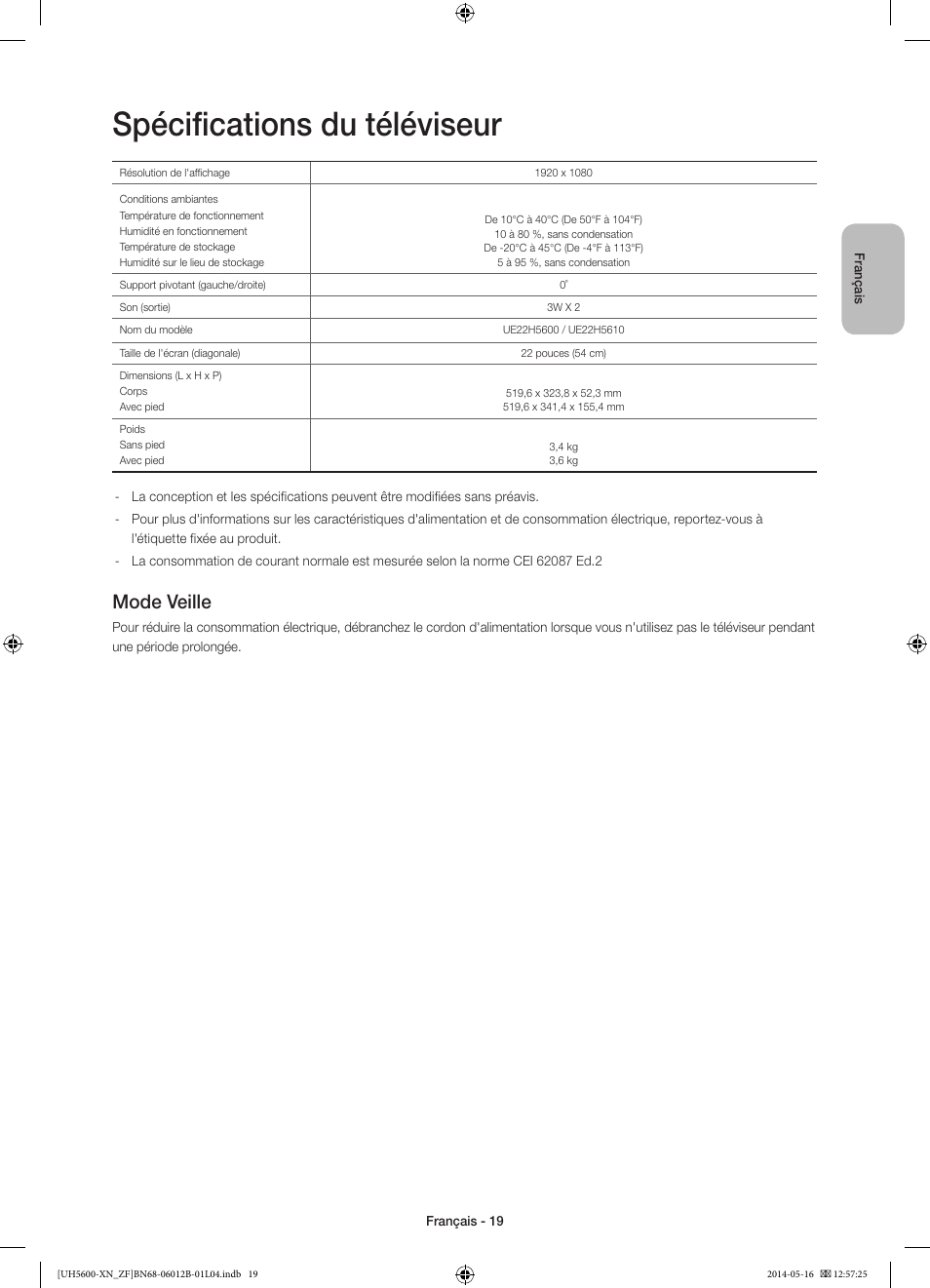 Spécifications du téléviseur, Mode veille | Samsung UE22H5610AW User Manual | Page 39 / 81