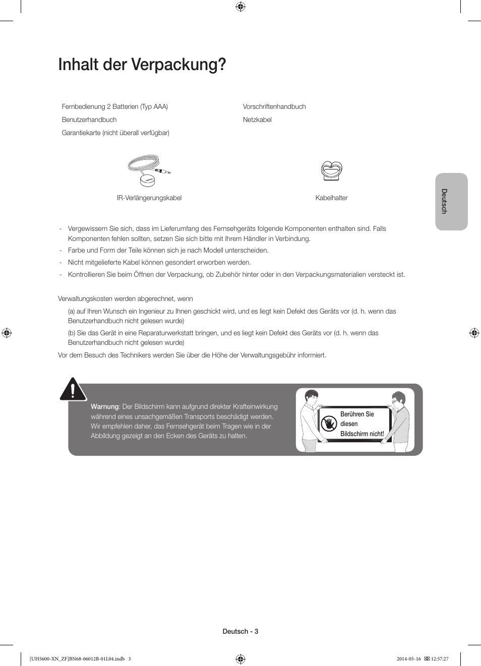 Inhalt der verpackung | Samsung UE22H5610AW User Manual | Page 43 / 81