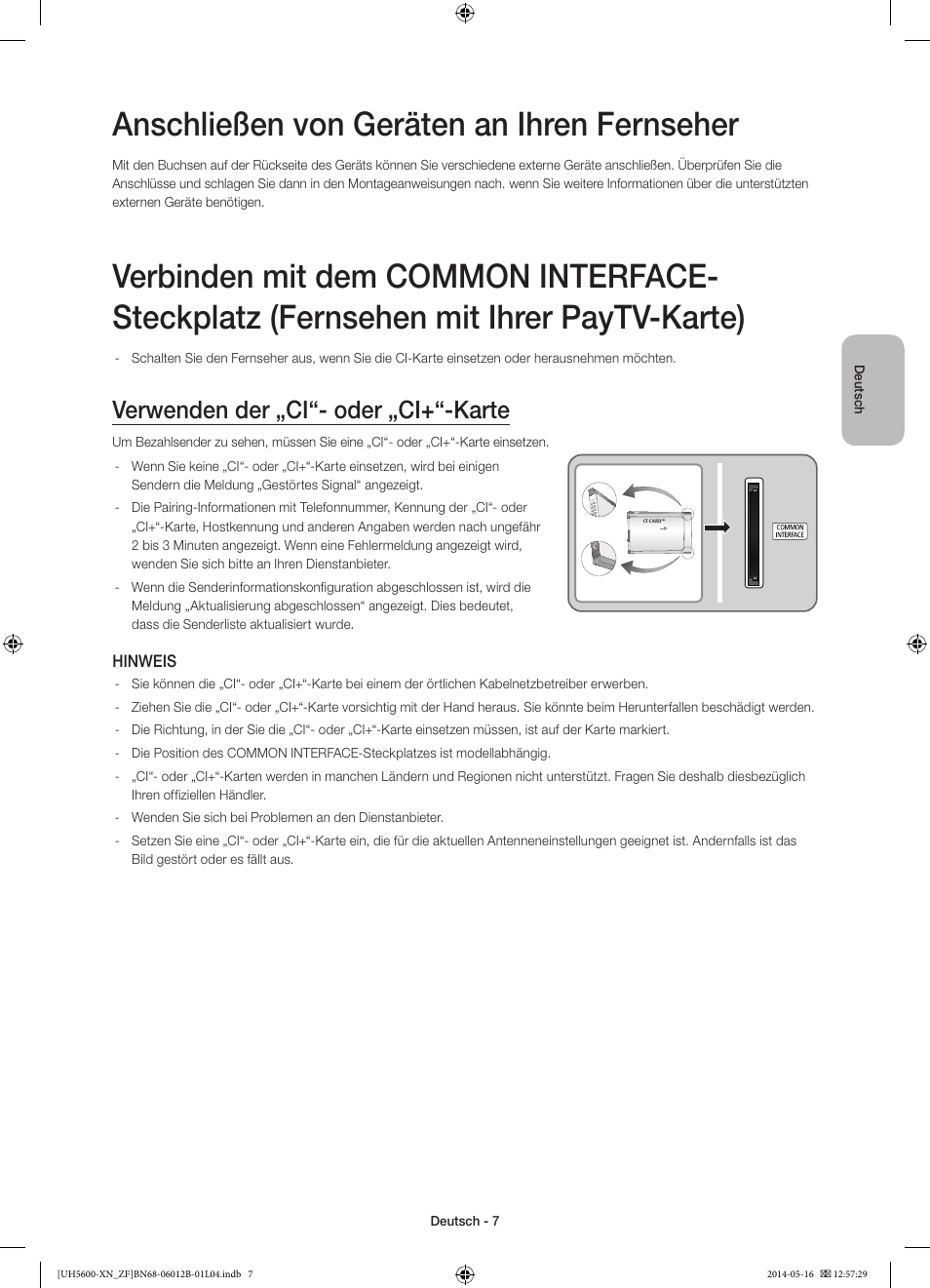 Anschließen von geräten an ihren fernseher, Verwenden der „ci“- oder „ci+“-karte | Samsung UE22H5610AW User Manual | Page 47 / 81