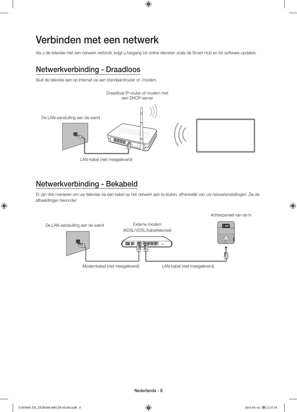 Verbinden met een netwerk, Netwerkverbinding - draadloos, Netwerkverbinding - bekabeld | Samsung UE22H5610AW User Manual | Page 68 / 81