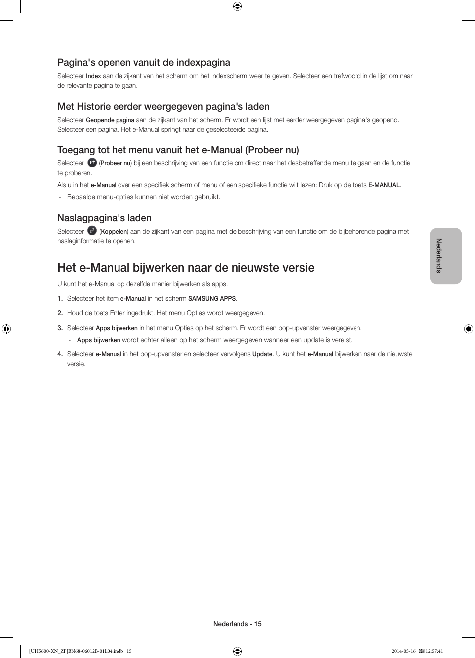 Het e-manual bijwerken naar de nieuwste versie, Pagina's openen vanuit de indexpagina, Met historie eerder weergegeven pagina's laden | Naslagpagina's laden | Samsung UE22H5610AW User Manual | Page 75 / 81