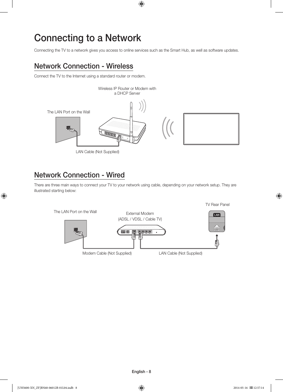 Connecting to a network, Network connection - wireless, Network connection - wired | Samsung UE22H5610AW User Manual | Page 8 / 81