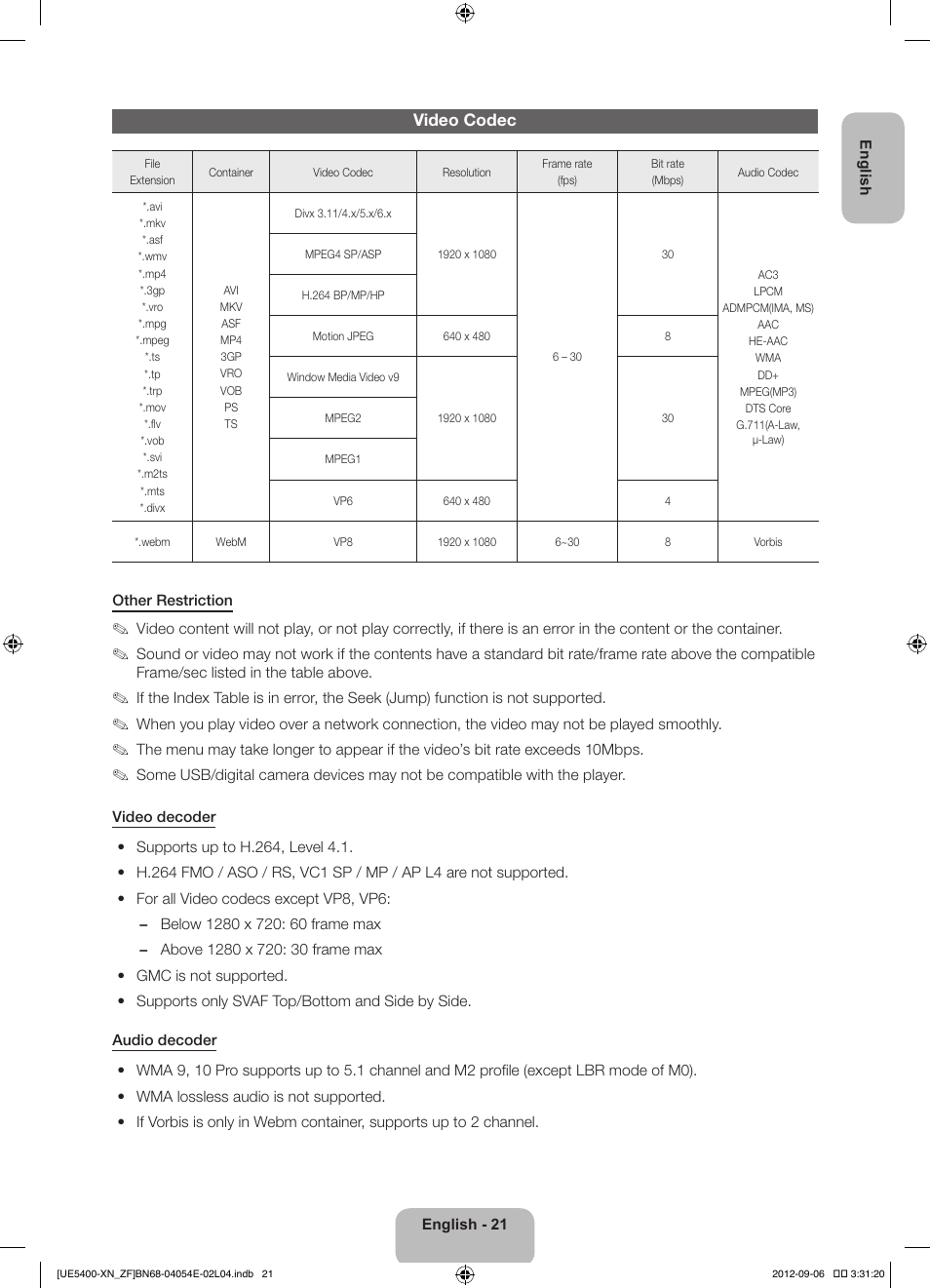 Video codec | Samsung UE22ES5400W User Manual | Page 21 / 88