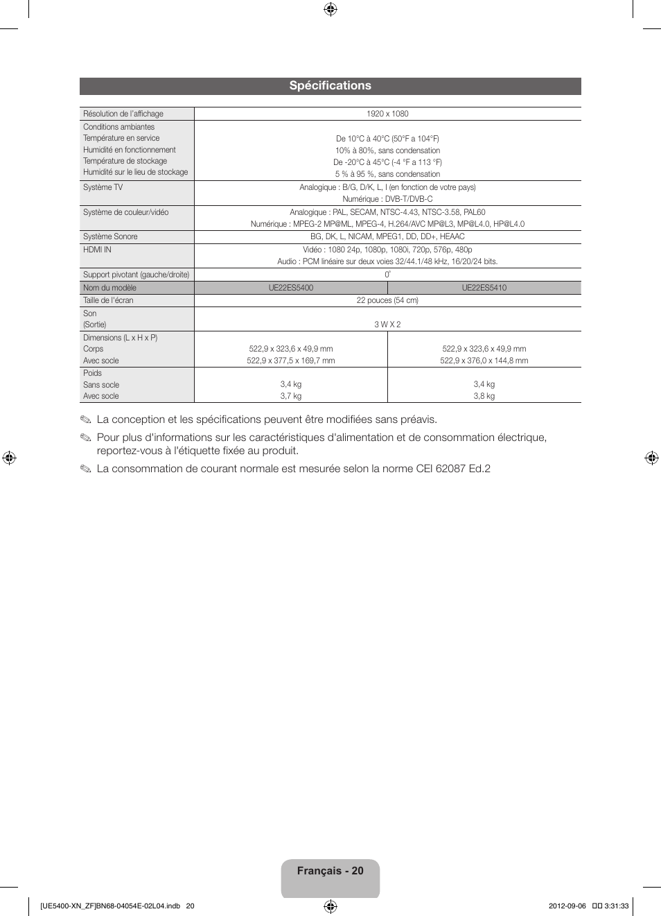 Spécifications | Samsung UE22ES5400W User Manual | Page 42 / 88