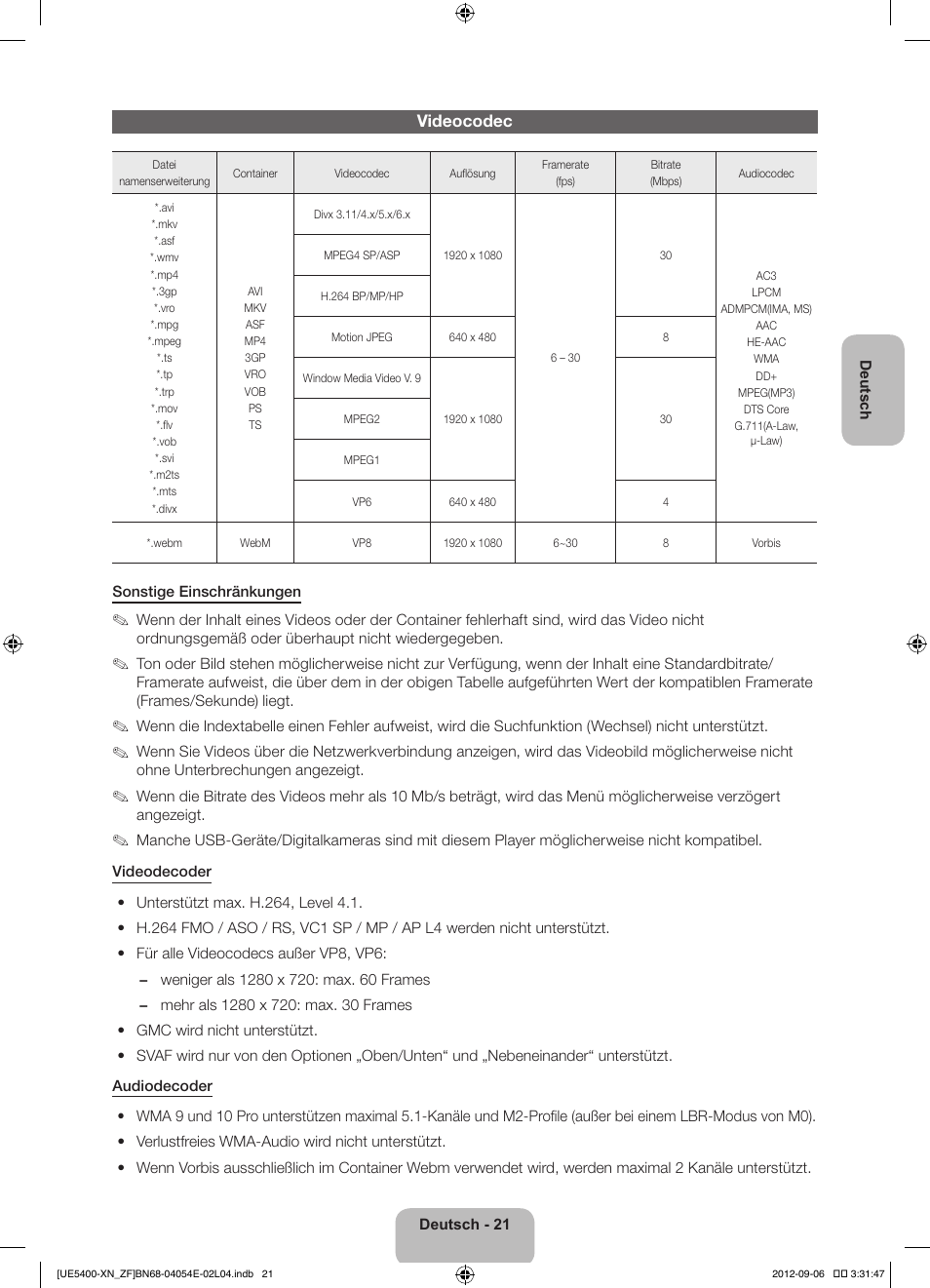 Videocodec | Samsung UE22ES5400W User Manual | Page 65 / 88