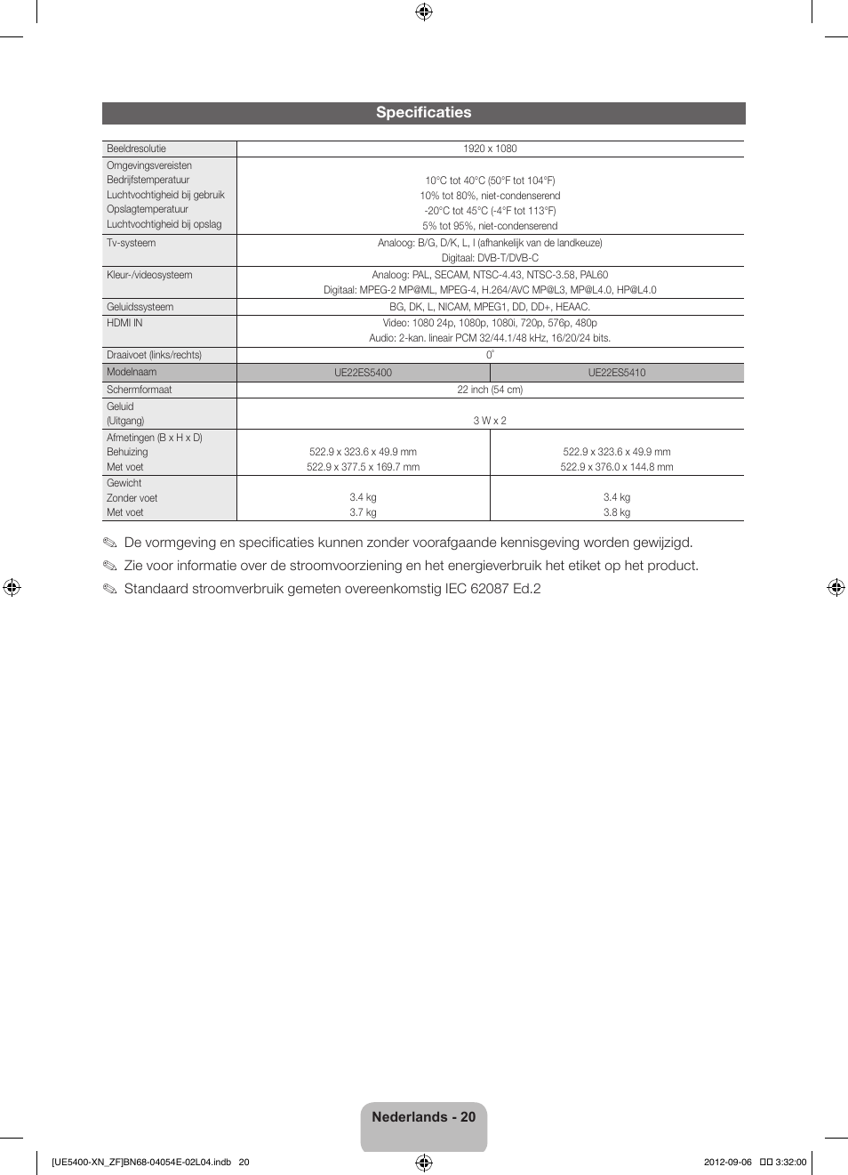 Specificaties | Samsung UE22ES5400W User Manual | Page 86 / 88