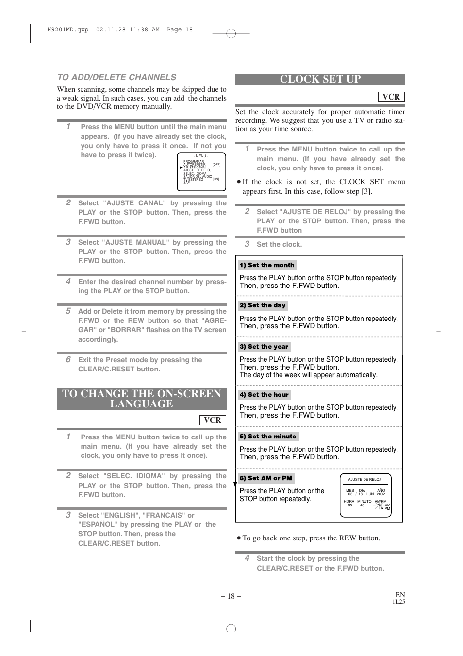 Clock set up, Vcr to add/delete channels | Audiovox AXWD2002 User Manual | Page 18 / 44