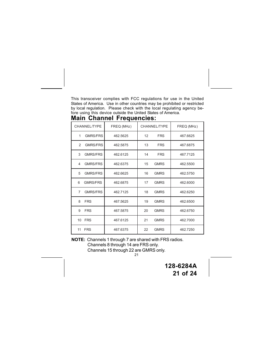Main channel frequencies | Audiovox DV1200 User Manual | Page 21 / 24