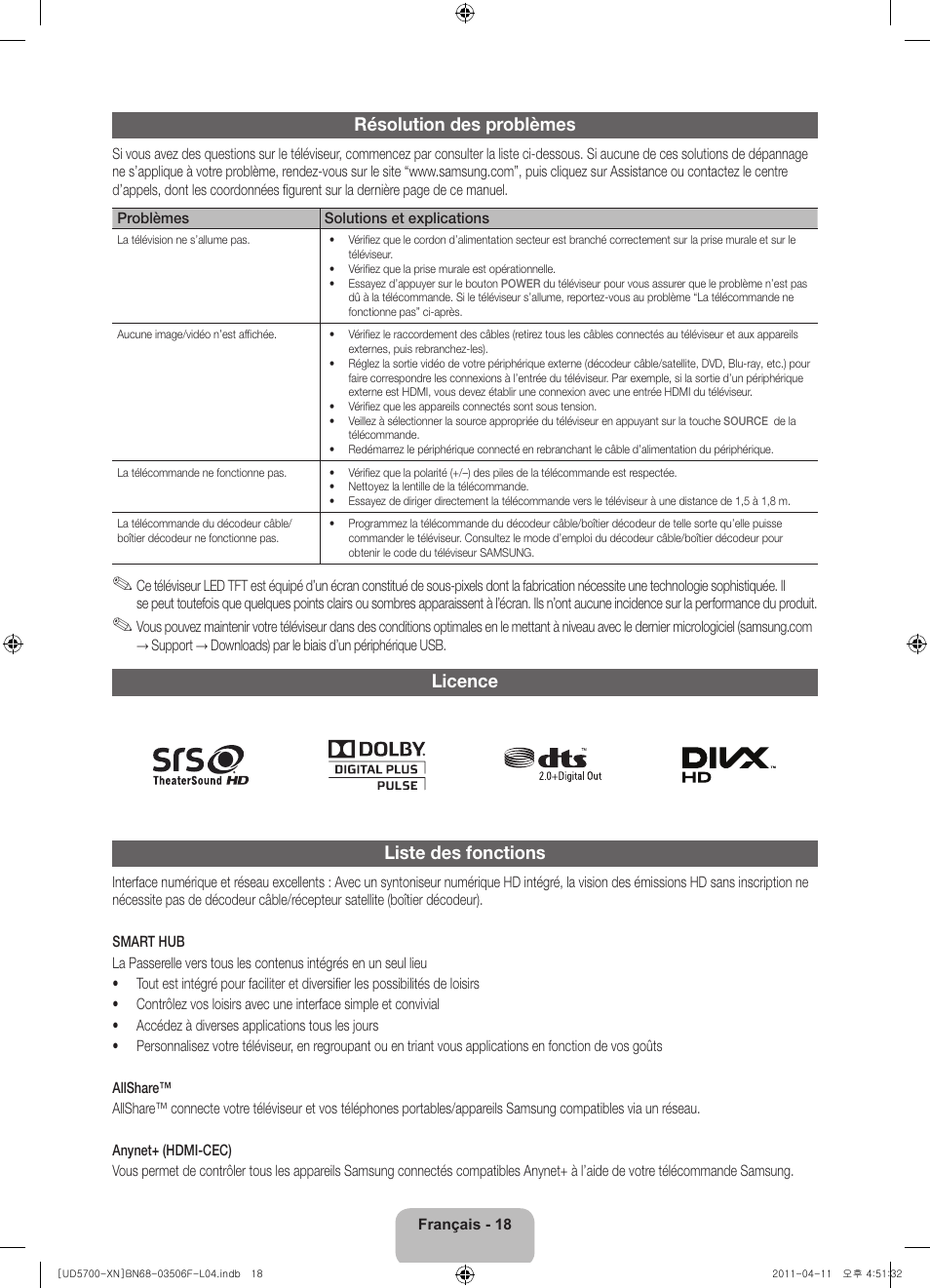 Résolution des problèmes, Licence liste des fonctions | Samsung UE46D5720RS User Manual | Page 38 / 80