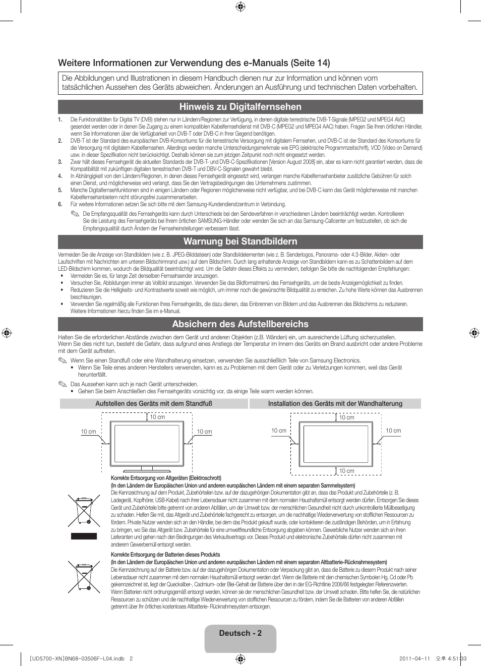 Hinweis zu digitalfernsehen, Warnung bei standbildern, Absichern des aufstellbereichs | Samsung UE46D5720RS User Manual | Page 42 / 80
