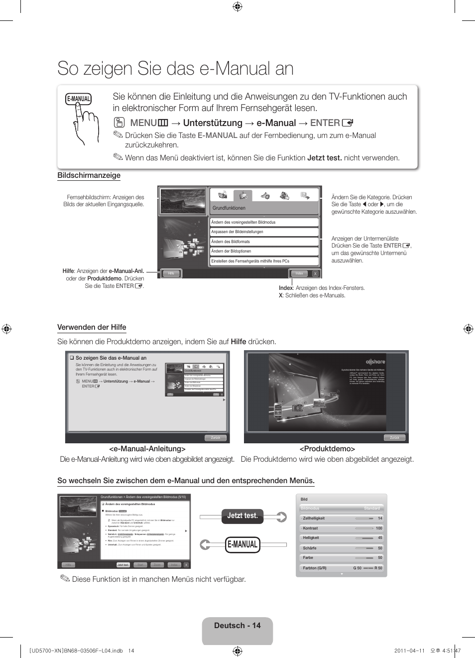 So zeigen sie das e-manual an, Menu m → unterstützung → e-manual → enter e, Deutsch - 14 | Jetzt test, E-manual | Samsung UE46D5720RS User Manual | Page 54 / 80