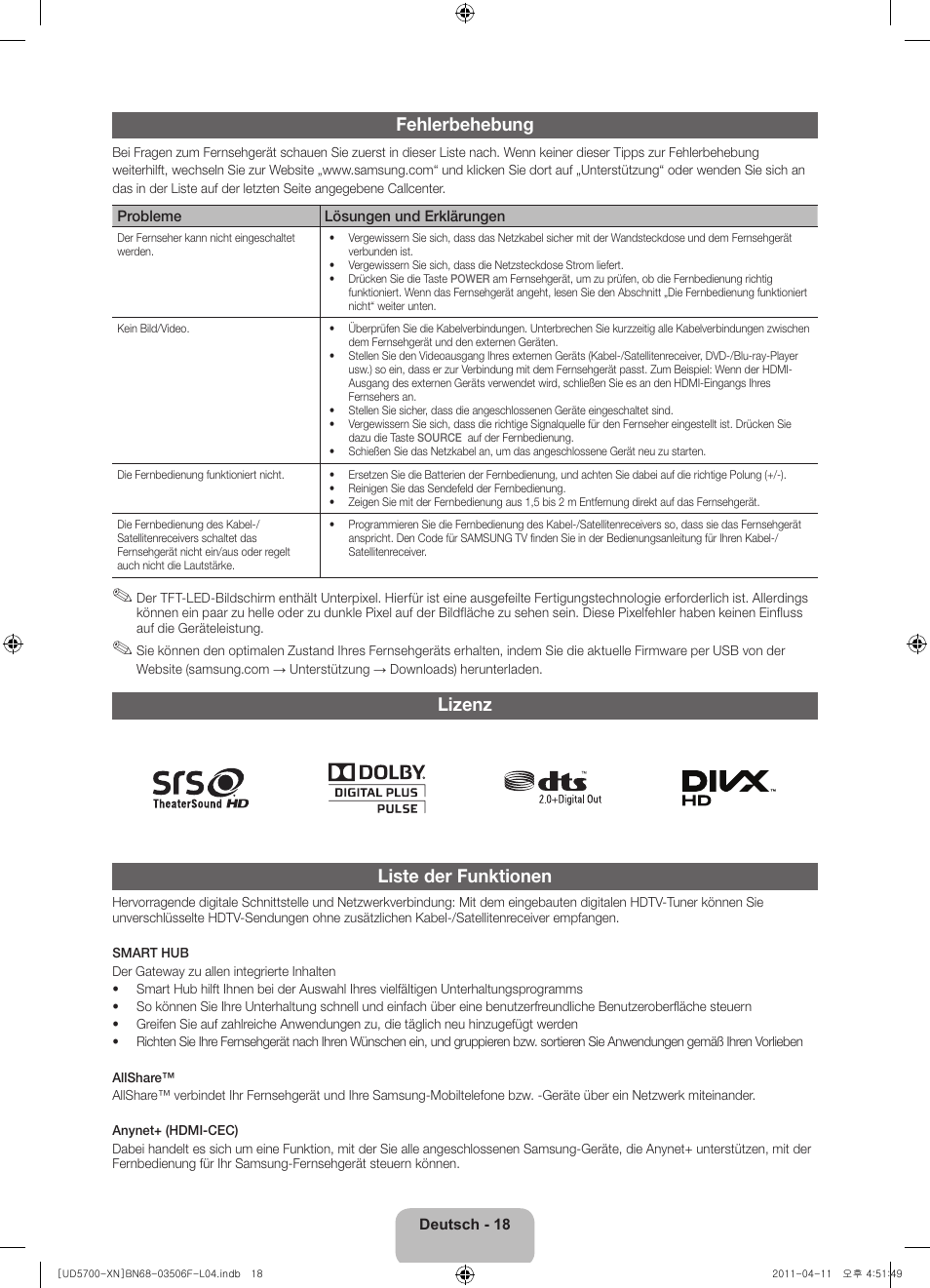 Fehlerbehebung, Lizenz liste der funktionen | Samsung UE46D5720RS User Manual | Page 58 / 80