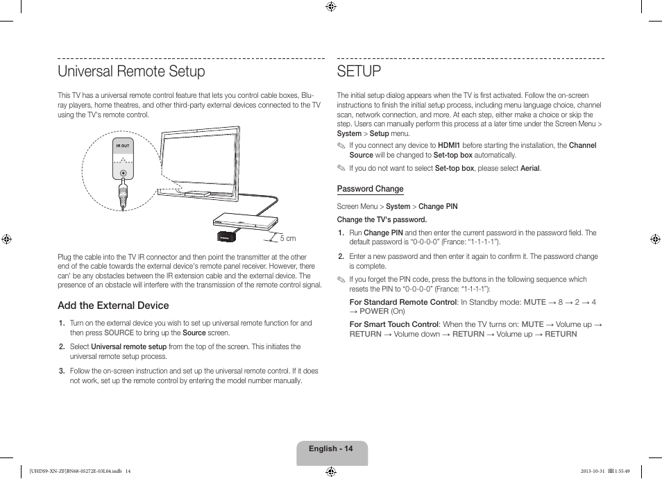Universal remote setup, Setup | Samsung UE85S9SL User Manual | Page 14 / 97