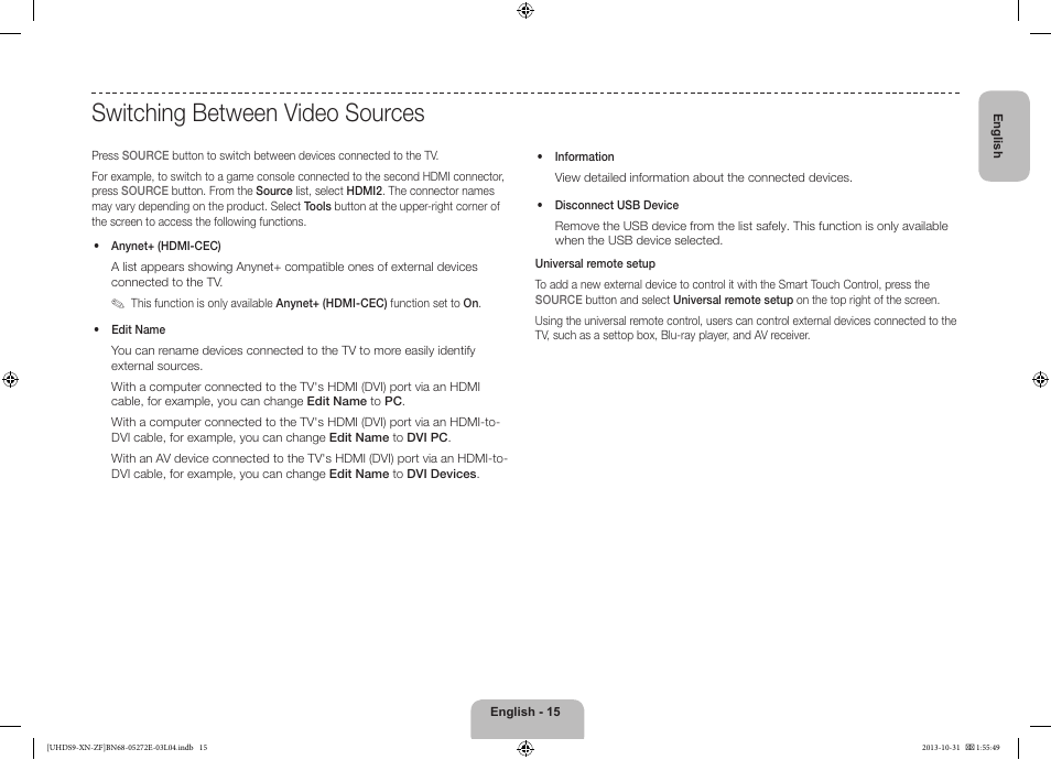 Switching between video sources | Samsung UE85S9SL User Manual | Page 15 / 97