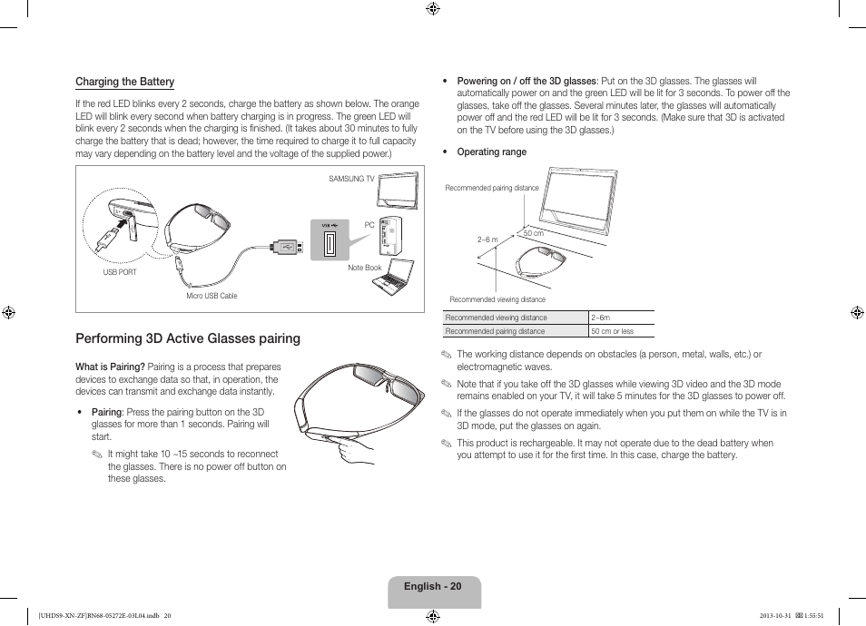 Performing 3d active glasses pairing | Samsung UE85S9SL User Manual | Page 20 / 97