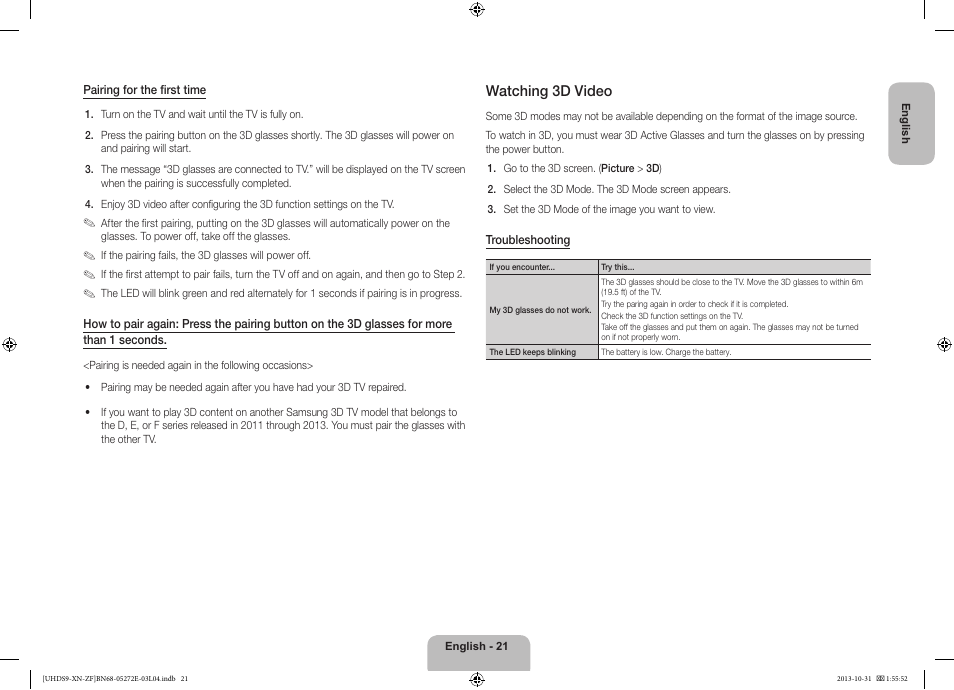 Watching 3d video | Samsung UE85S9SL User Manual | Page 21 / 97