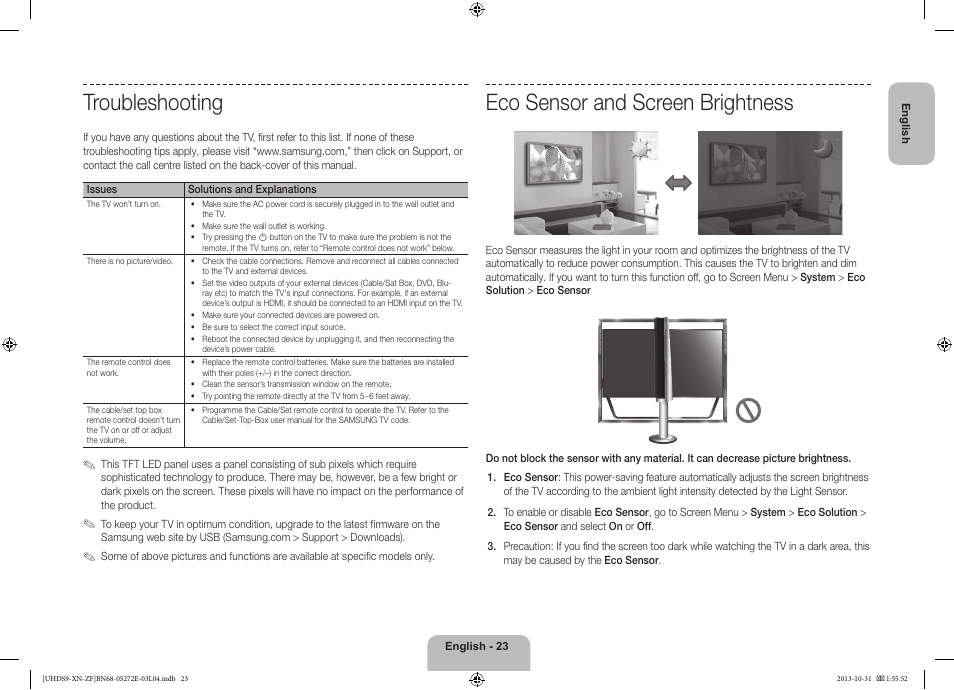 Troubleshooting, Eco sensor and screen brightness | Samsung UE85S9SL User Manual | Page 23 / 97