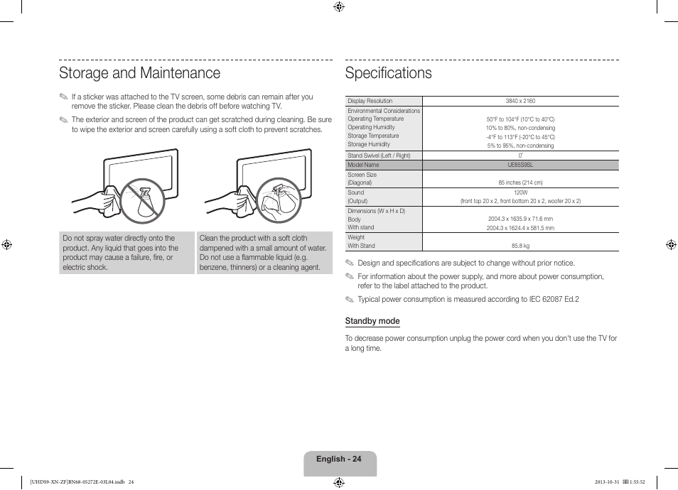 Specifications, Storage and maintenance | Samsung UE85S9SL User Manual | Page 24 / 97