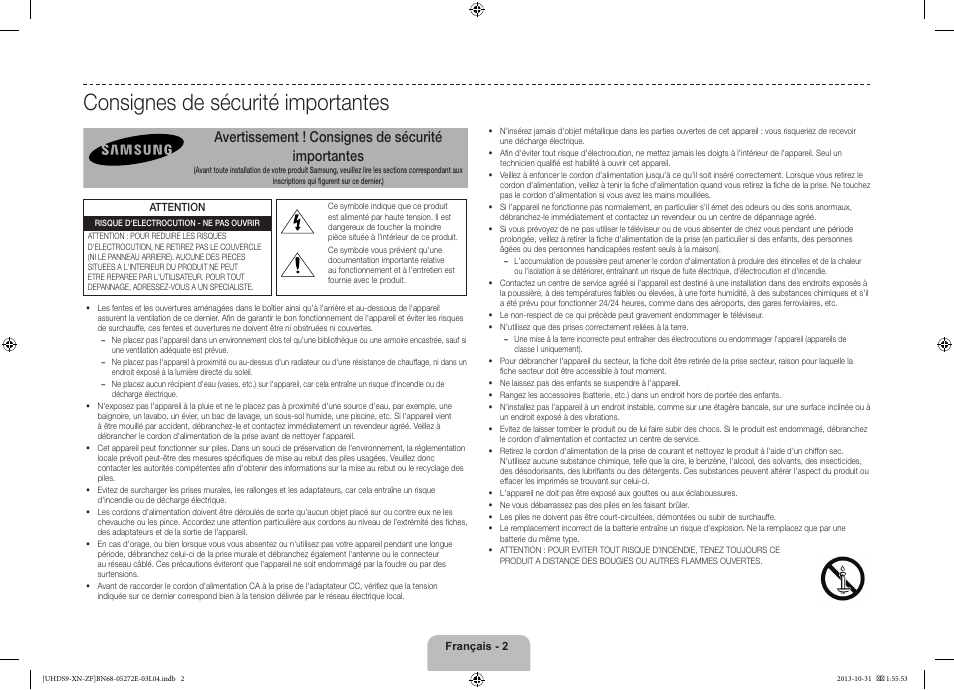 Consignes de sécurité importantes, Avertissement ! consignes de sécurité importantes | Samsung UE85S9SL User Manual | Page 26 / 97
